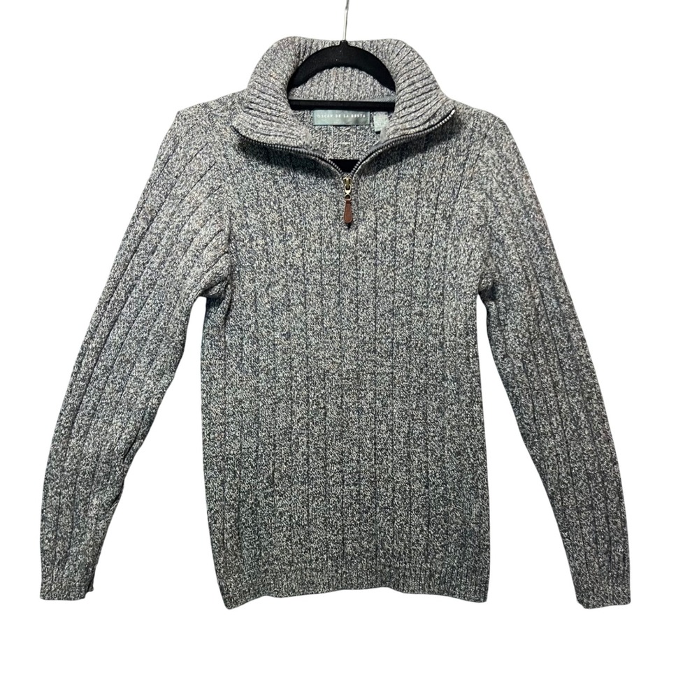 Oscar de la Renta Men's L Gray Ribbed Knit 1/4 Zip Sweater Cotton Blend‎